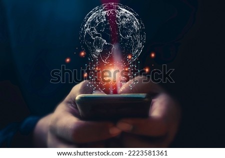 Hand use mobile phone and circle network communication technology for global.Data in the global computer social.telecommunication,earth cryptocurrency,Metaverse.
