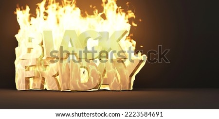 Black Friday Symbol in Fire Flame on black studio background. Big Discount and Sale Concept or Hot Price. 3D Rendering