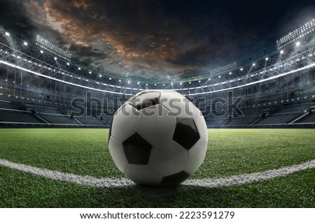 3d render. Sports football Background. Soccer ball at the sports stadium. Royalty-Free Stock Photo #2223591279