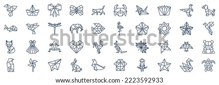 Collection of icons related to Origami, including icons like Bird, Boat, Butterfly, Cat and more. vector illustrations, Pixel Perfect set

