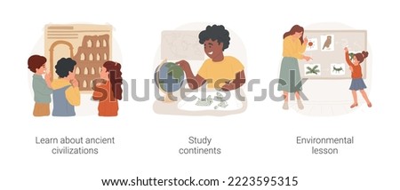 Social studies at elementary school isolated cartoon vector illustration set. Learn about ancient civilization, study continent, environmental lesson plan, primary school curriculum vector cartoon.