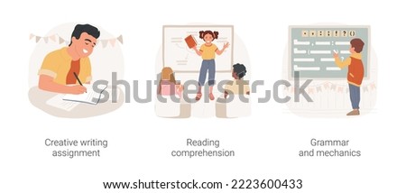 English proficiency in middle school isolated cartoon vector illustration set. Student literacy, creative writing assignment, reading comprehension, grammar and language mechanics vector cartoon. Royalty-Free Stock Photo #2223600433