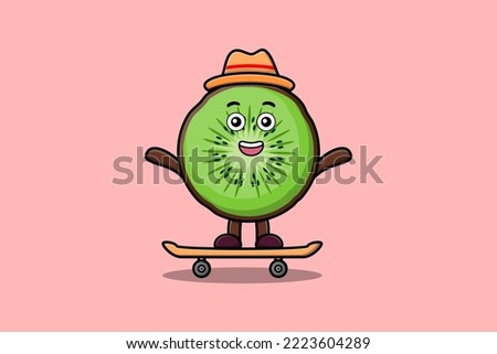 cute cartoon Kiwi fruit standing on skateboard with cartoon vector illustration style
