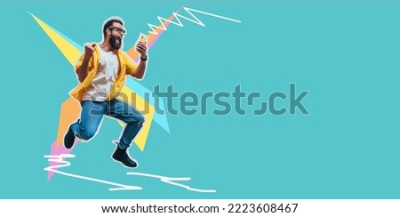 Jumping, running man with a smartphone in hand, feels joy, celebrates winning the lottery or sports bets. Human face emotions and betting concept. Collage in magazine style. Discount, season sales Royalty-Free Stock Photo #2223608467