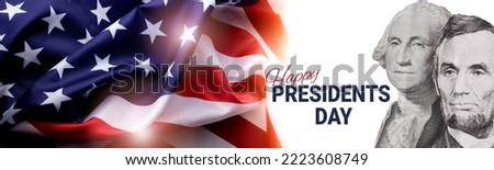 Collage of American President Abraham Lincoln and George Washington portraits cut of Dollar bills. Happy Presidents Day Concept with the US National Flag Royalty-Free Stock Photo #2223608749