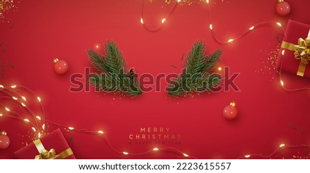 Christmas red background with realistic 3d decorative design elements. Festive Xmas composition flat top view of red gift boxes, glowing garland decorations, green tree branches. Vector illustration Royalty-Free Stock Photo #2223615557