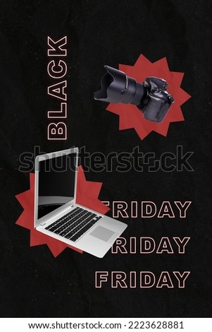 Collage photo poster of big season sale black friday cheap prices for gadgets photocamera netbook technologies isolated on dark color background