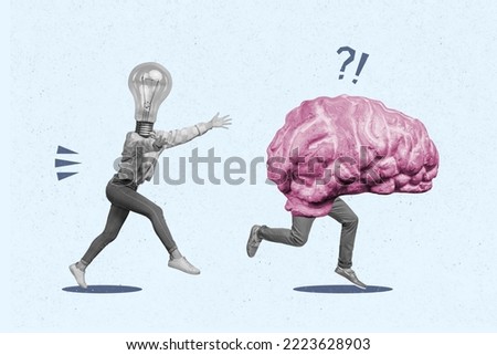 Creative photo 3d collage artwork poster of funny funky two moving personages lamp brain instead face isolated on painting background Royalty-Free Stock Photo #2223628903