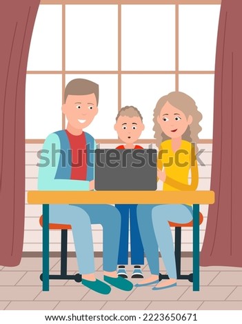 Teaching at home. Parents help children with lessons. Family sitting at table and doing homework. Mom and dad with son studying together. Distance education with lesson online. Home schooling concept