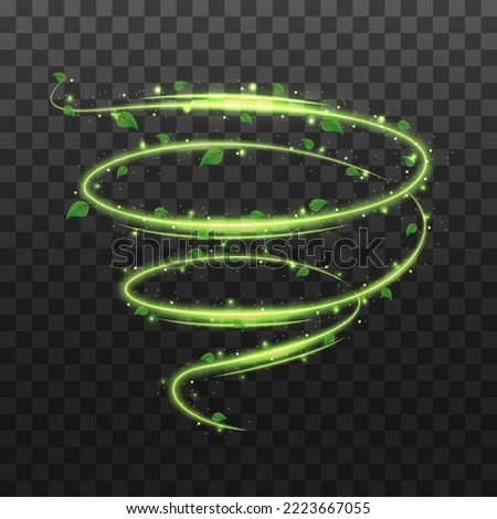 Abstract wind swirls with green leaves and sparkles isolated on transparent background. Vector realistic illustration of air vortex and wave with flying mint leaves. Vector illustration