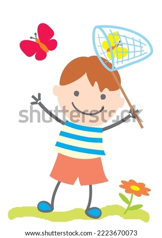 boy and butterfly net, scientist, cute vector illustration