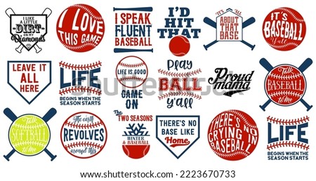 Baseball Quote Bundle, illustrations for posters, decoration, t-shirt design. Hand drawn baseball sketches with motivational typography isolated on white background. Detailed vintage drawing logo.