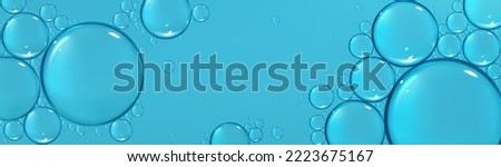 Macro surface of water with bubbles, liquid cosmetic product with oil drops on blue background with copy space. Banner template with abstract texture with bubbles, vector realistic illustration Royalty-Free Stock Photo #2223675167