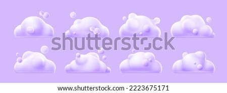 3d render white clouds, cute fluffy spindrift rounded cumulus eddies. Flying weather and nature design elements balloons isolated on background, vector illustration in cartoon plastic style icons Royalty-Free Stock Photo #2223675171