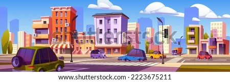 Cars driving at city crossroad on cityscape background with buildings and trees. Modern automobiles riding megalopolis asphalted road with signs, traffic lights, zebra Cartoon vector illustration Royalty-Free Stock Photo #2223675211