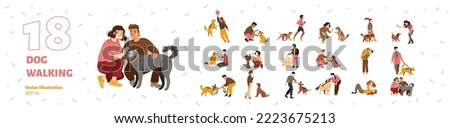 People training dogs, hug and play with puppies. Pet owners walk with dogs on leash, play with them with balls, sticks, train obedience, vector hand drawn illustration isolated on white background