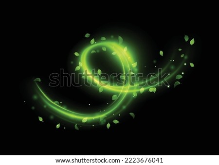 Green shiny line spiral spring wind effect with flyingmagic dust particles and leaves particles on black background. Concept of freshness, growth, spring, summer and ecology. Vector eps10. Royalty-Free Stock Photo #2223676041
