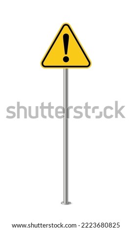 3d road warning sign with yellow board on metal pole vector illustration. Realistic isolated alert street signboard with black exclamation mark on plate to warn about traffic caution and danger