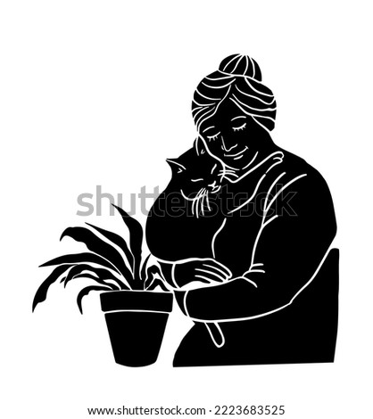 Woman hugging with a cat silhouette. Vector illustration. Home comfort with a pet. logo illustration.