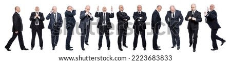 A set of images of a bald man in a black formal suit in various poses. Business, success and failure. Full height. Isolated on a white background. Panorama format. Royalty-Free Stock Photo #2223683833