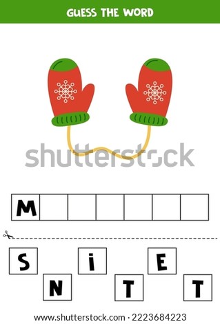 Spell the word. Vector illustration of winter mittens. Spelling game for kids. 