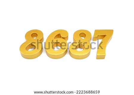  Number 8687 is made of gold-painted teak, 1 centimeter thick, placed on a white background to visualize it in 3D.                               