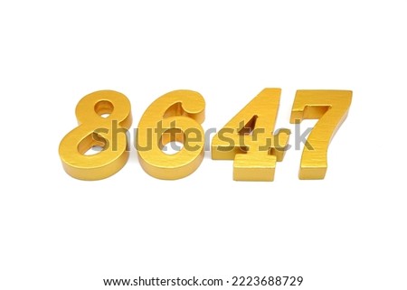   Number 8647 is made of gold-painted teak, 1 centimeter thick, placed on a white background to visualize it in 3D.                                