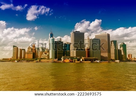 Lower Manhattan on a beautiful sunny day. New York City skyline.
