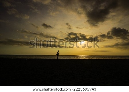 silhouette of man standing on the beach with sunset light