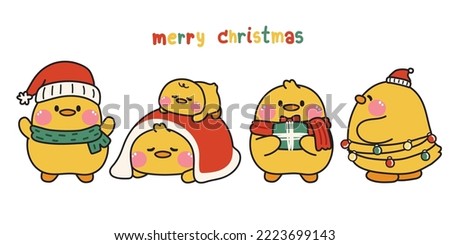 Set of cute chicken in winter concept with merry christmas text.Farm animal character design in various poses.Cartoon hand drawn collection.Kawaii.Vector.Illustration.