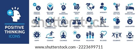 Set of positive thinking icon. Containing self-care, optimism, be loved, healthy lifestyle, happiness, positive mindset and more icons. Solid icon collection. Vector illustration. Royalty-Free Stock Photo #2223699711