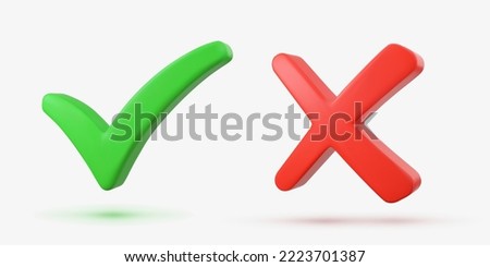 Tick and Cross signs 3d Vector illustration. Interface button isolated on white.