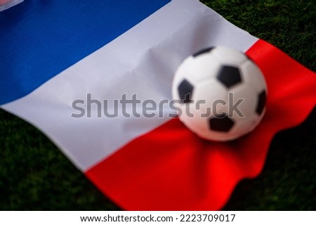 France national football team. National Flag on green grass and soccer ball. Football wallpaper for Championship and Tournament in 2022. World international match.