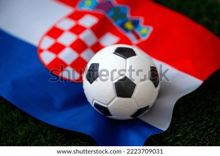 Croatia national football team. National Flag on green grass and soccer ball. Football wallpaper for Championship and Tournament in 2022. World international match.
