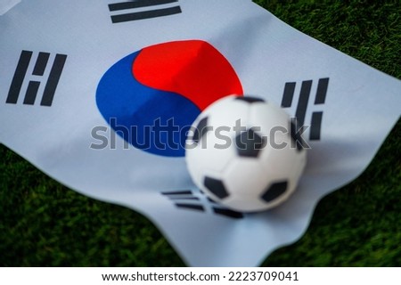 South Korea national football team. National Flag on green grass and soccer ball. Football wallpaper for Championship and Tournament in 2022. World international match.