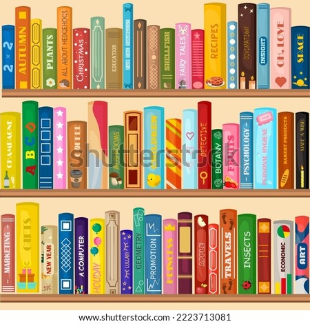 Vector bookshelf made of wood with books. Literature for the whole family. Children's reading. Creative banner for bookstore, library, fairs. Royalty-Free Stock Photo #2223713081