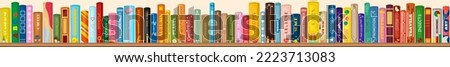 Vector bookshelf made of wood with books. Literature for the whole family. Children's reading. Creative banner for bookstore, library, fairs. Royalty-Free Stock Photo #2223713083