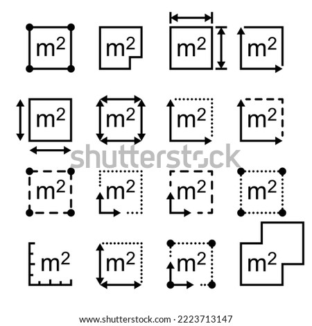 Square Meter icon. M2 sign. Measuring land area icon. Place dimension pictogram. Flat area in square meters. Icon plot area in square meters isolated on white. Thin line symbol for use on web, mobile