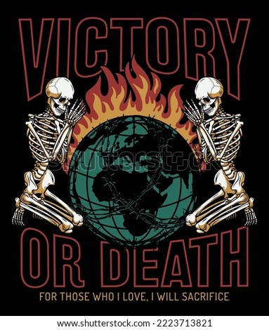 Burning Globe Between Praying Skeletons Illustration with Slogan Vector Artwork on Black Background