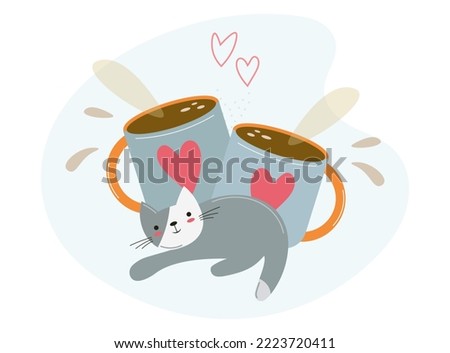 Gray cat and coffee mugs. Vector isolated doodle composition. Hand drawn cup of tea and coffee for a kitten on a white background. Cartoon clip art with a cute design. Modern flat style