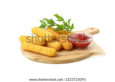 Board with tasty cheese sticks isolated on white background Royalty-Free Stock Photo #2223723093