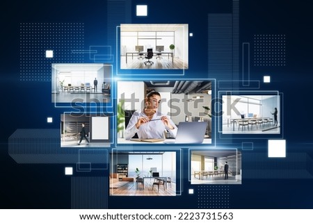 Online education platform concept with screens of people and interior design pictures on dark blue background
