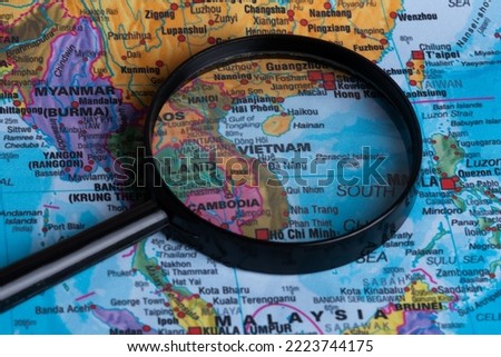 Map of Vietnam through magnifying glass.Close-up