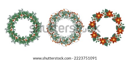 Christmas Tree Wreaths Isolated Design Elements, Festive Winter Decoration of Plants, Fir or Pine Branches, Leaves, Red Berries and Flowers for Invitation or Greeting Card. Cartoon Vector Illustration