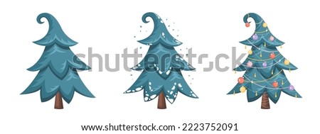 Fir trees group. Spruce covered with snow. Christmas tree ornamented balls and garlands. Royalty-Free Stock Photo #2223752091