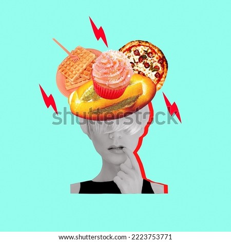 Contemporary digital collage art. Lady and calory food. Diet, calorie, food addiction concept Royalty-Free Stock Photo #2223753771