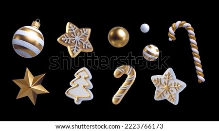 3d render, white and gold Christmas ornaments, collection of festive clip art elements isolated on black background