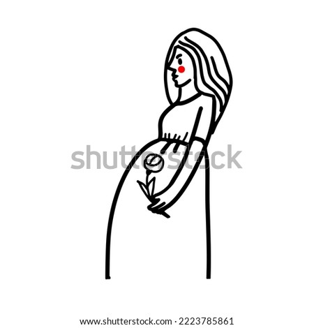 A pregnant woman with a flower in her hand. Hand-drawn doodle illustration. Vector