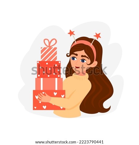 Cute girl holding a stack of gift boxes in front of her. Flat style vector illustration isolated on white background.