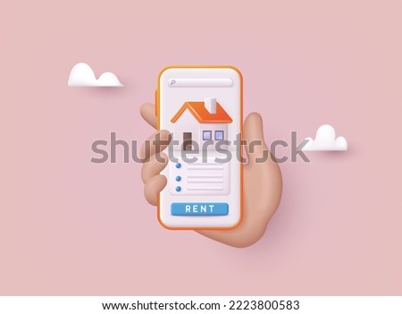 Hand holding mobile smart phone with rent home app. Buy real estate and pay credit to bank. Abstract ownership agreement visualization. 3D Vector Illustrations. 